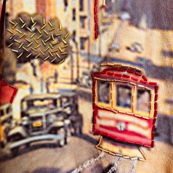 Vintage Printed San Fransisco Trolley Car Silk Gray Ivory Beaded Blouse Shirt L - Picture 10 of 15